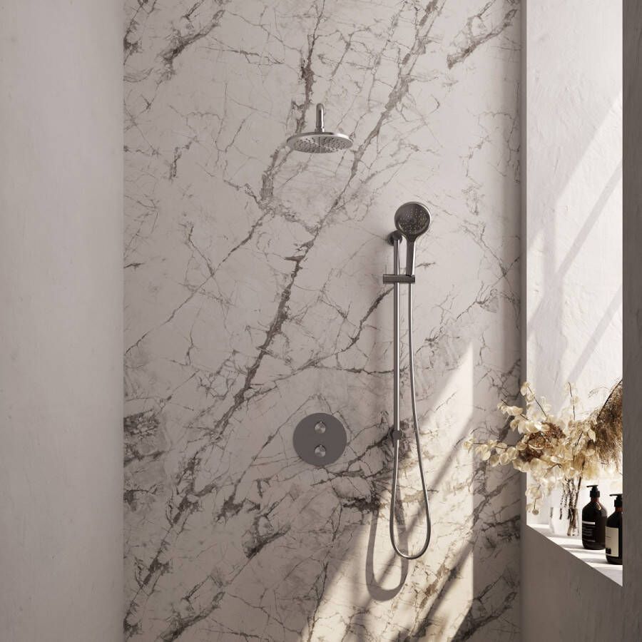 Brauer Brushed Carving thermostatische inbouw regendouche met 3 standen handdouche gebogen muurarm glijstang en hoofddouche 20cm set 93 RVS geborsteld PVD