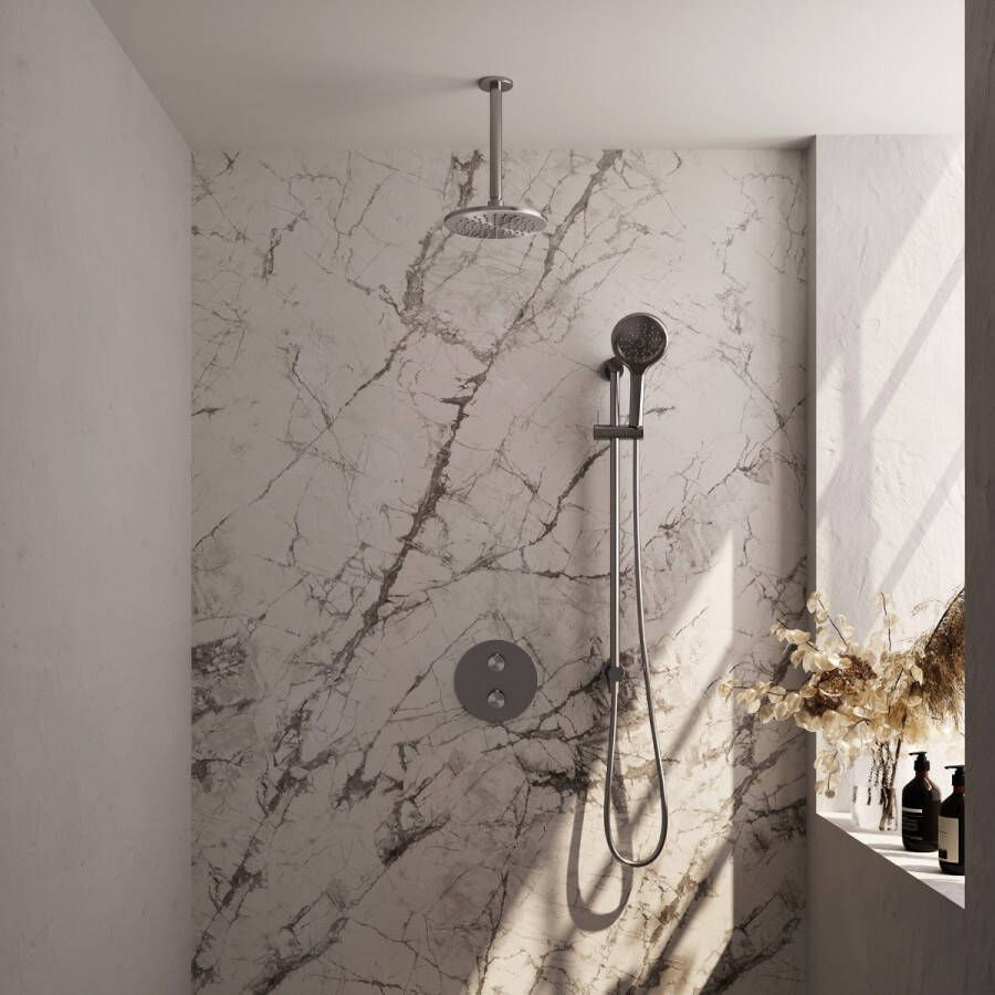 Brauer Brushed Carving thermostatische inbouw regendouche met 3 standen handdouche plafondarm glijstang en hoofddouche 20cm set 95 RVS geborsteld PVD