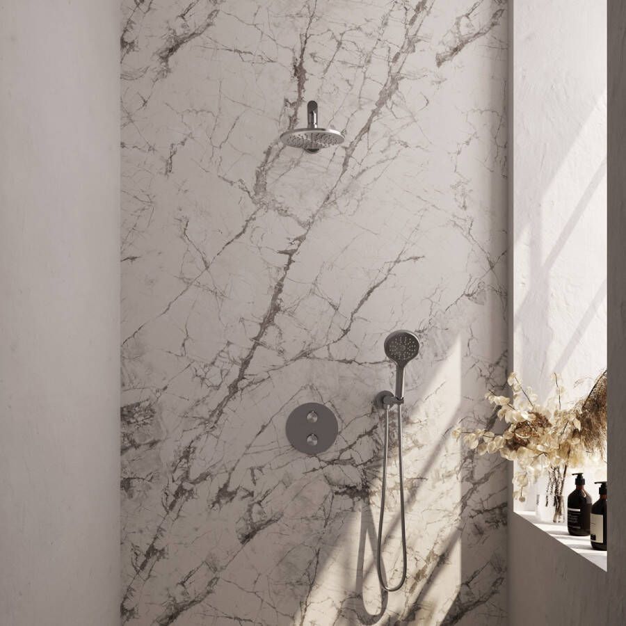 Brauer Brushed Carving thermostatische inbouw regendouche met 3 standen handdouche rechte muurarm en hoofddouche 20cm set 79 RVS geborsteld PVD