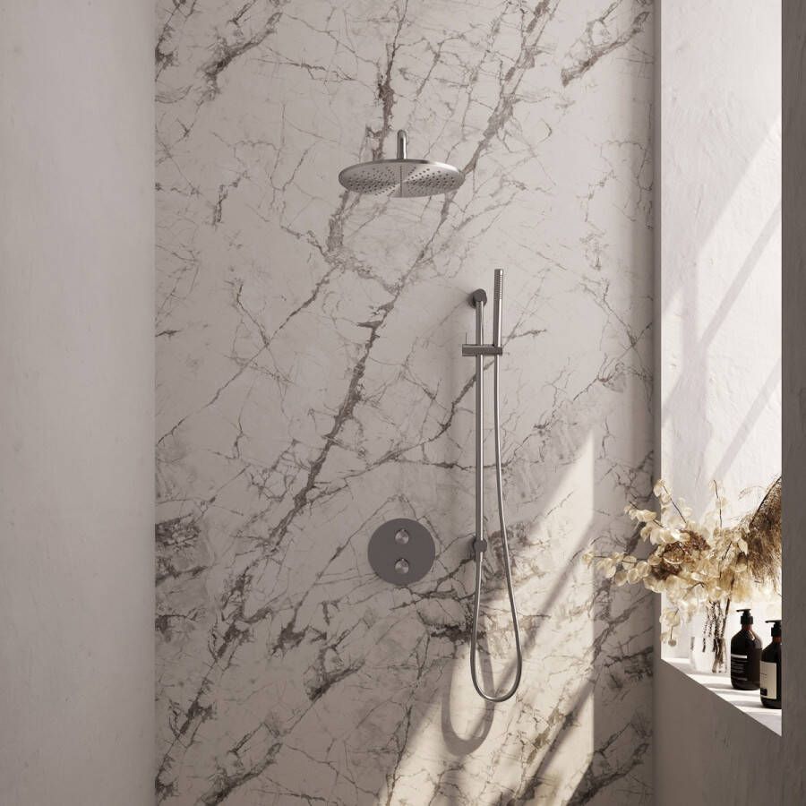 Brauer Brushed Carving thermostatische inbouw regendouche met staafhanddouche gebogen muurarm glijstang en hoofddouche 30cm set 88 RVS geborsteld PVD