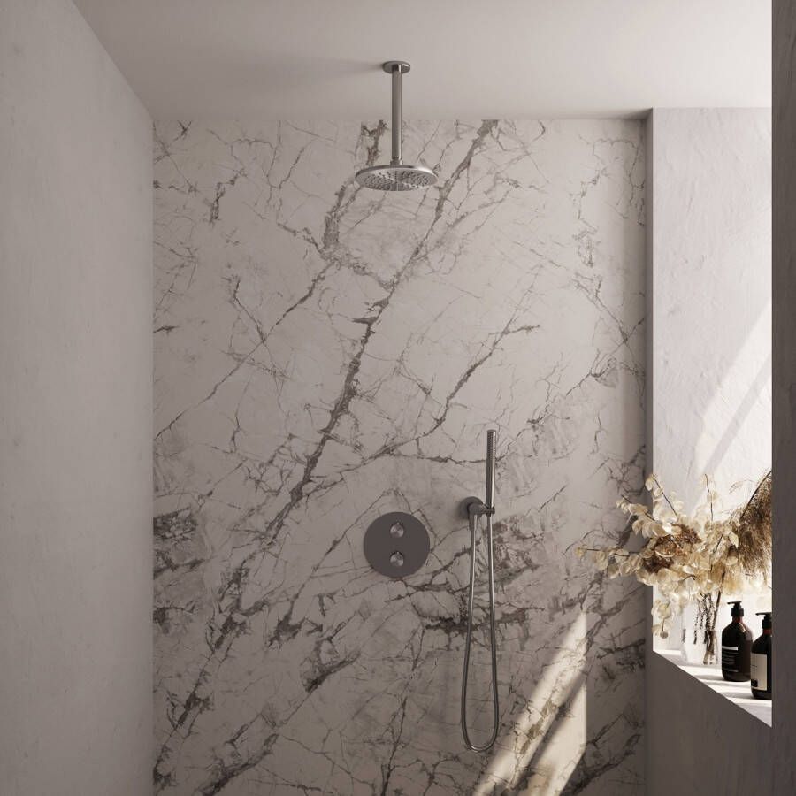 Brauer Brushed Carving thermostatische inbouw regendouche met staafhanddouche plafondarm en hoofddouche 20cm set 77 RVS geborsteld PVD