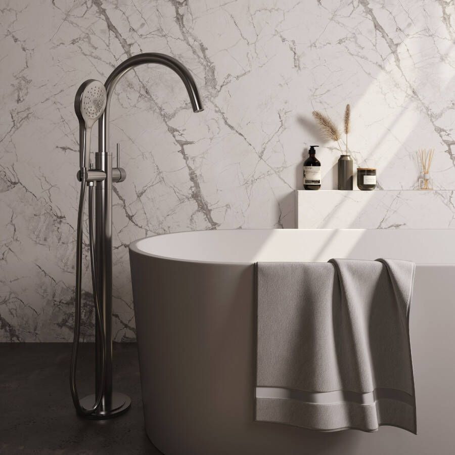 Brauer Badkraan Vrijstaand Brushed Carving Set 02 Mengkraan Rond Geborsteld RVS PVD 1 Greeps met Handdouche 3 Standen - Foto 2