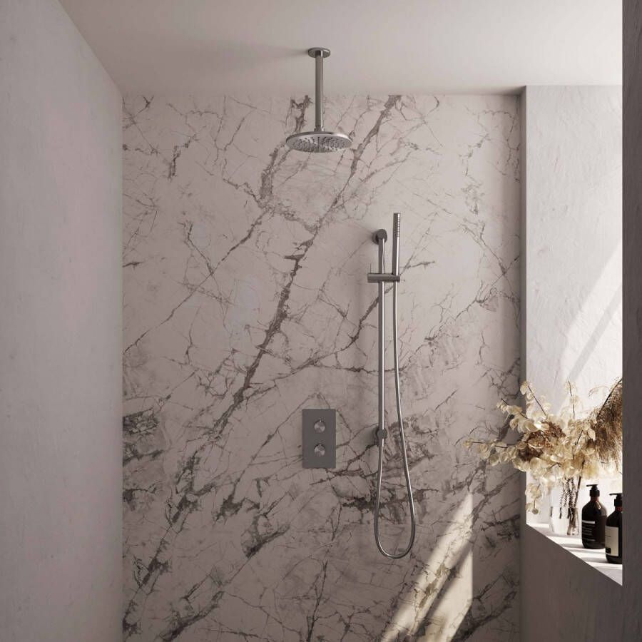 Brauer Brushed Edition thermostatische inbouw regendouche SET 21 met 20 cm douchekop en gebogen muurarm en 3-standen handdouche en doucheslang en geïntegreerde glijstang RVS geborsteld PVD - Foto 3