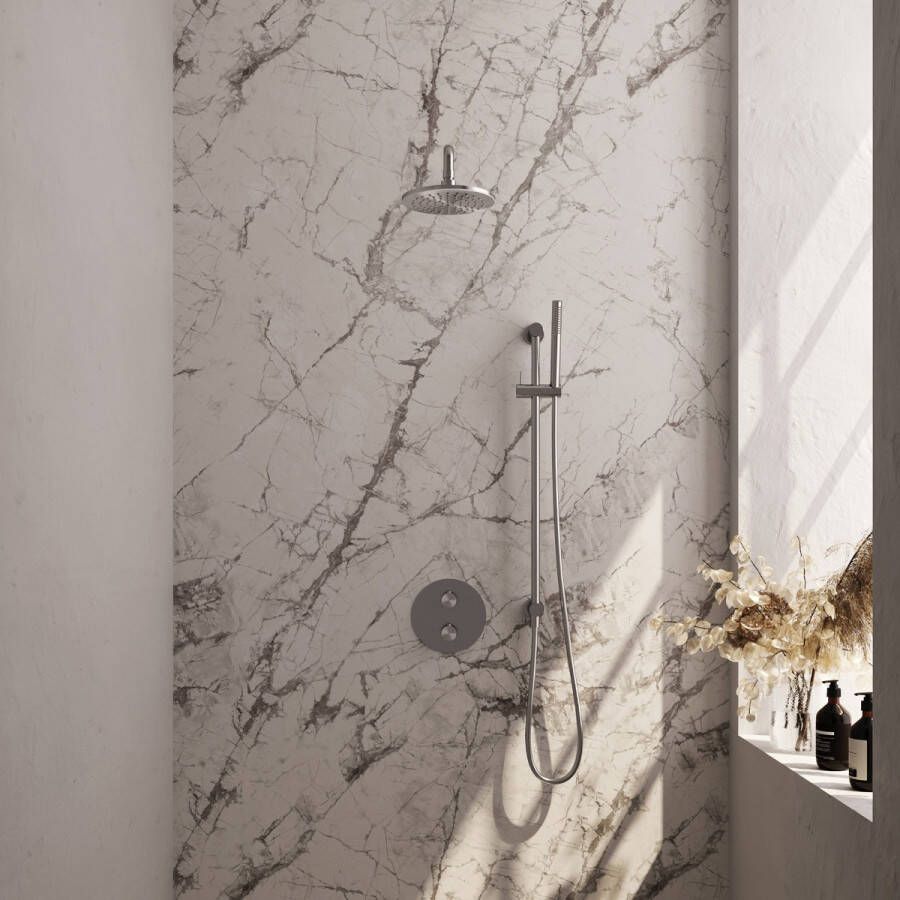 Brauer Brushed Edition thermostatische inbouw regendouche met staafhanddouche gebogen muurarm glijstang en hoofddouche 20cm set 87 RVS geborsteld PVD