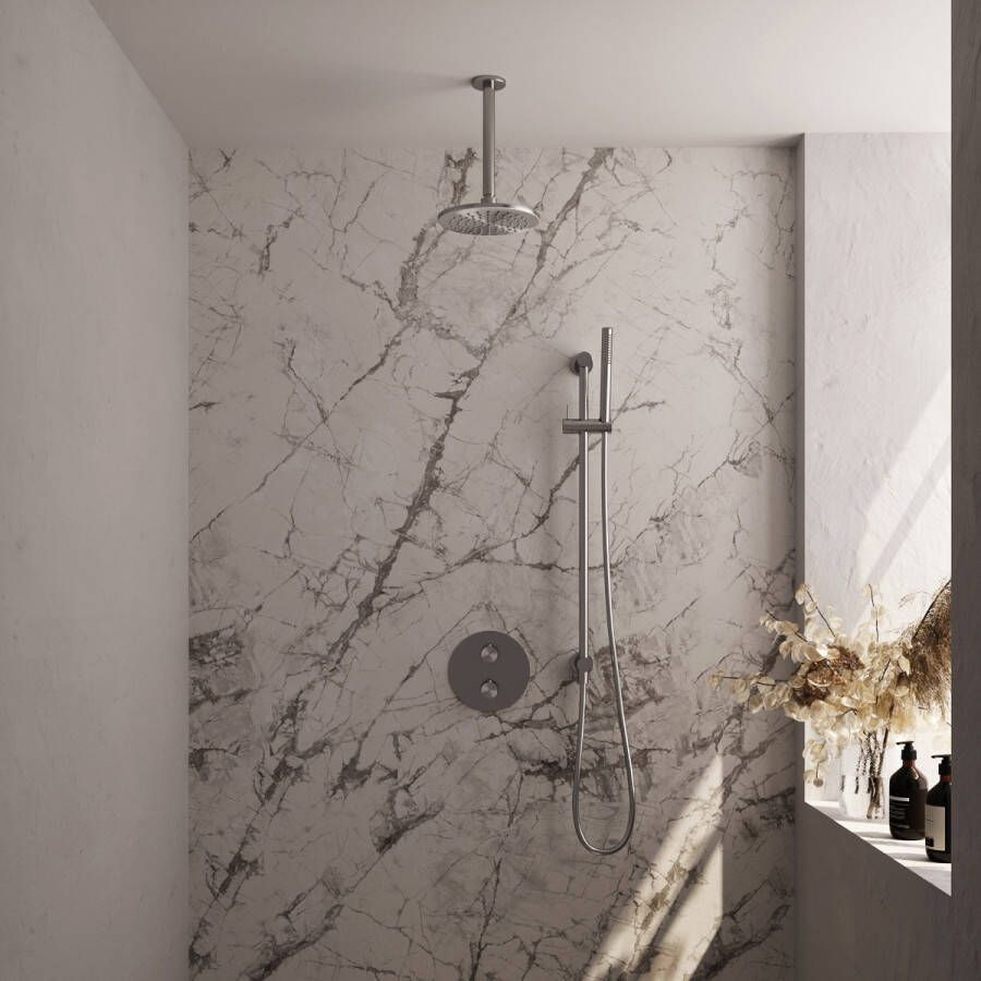 Brauer Brushed Edition thermostatische inbouw regendouche met staafhanddouche plafondarm glijstang en hoofddouche 20cm set 89 RVS geborsteld PVD