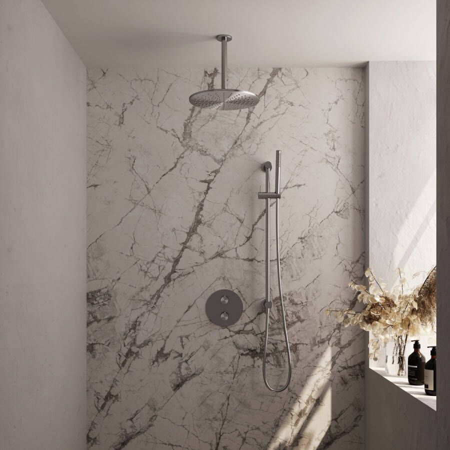 Brauer Brushed Edition thermostatische inbouw regendouche met staafhanddouche plafondarm glijstang en hoofddouche 30cm set 90 RVS geborsteld PVD