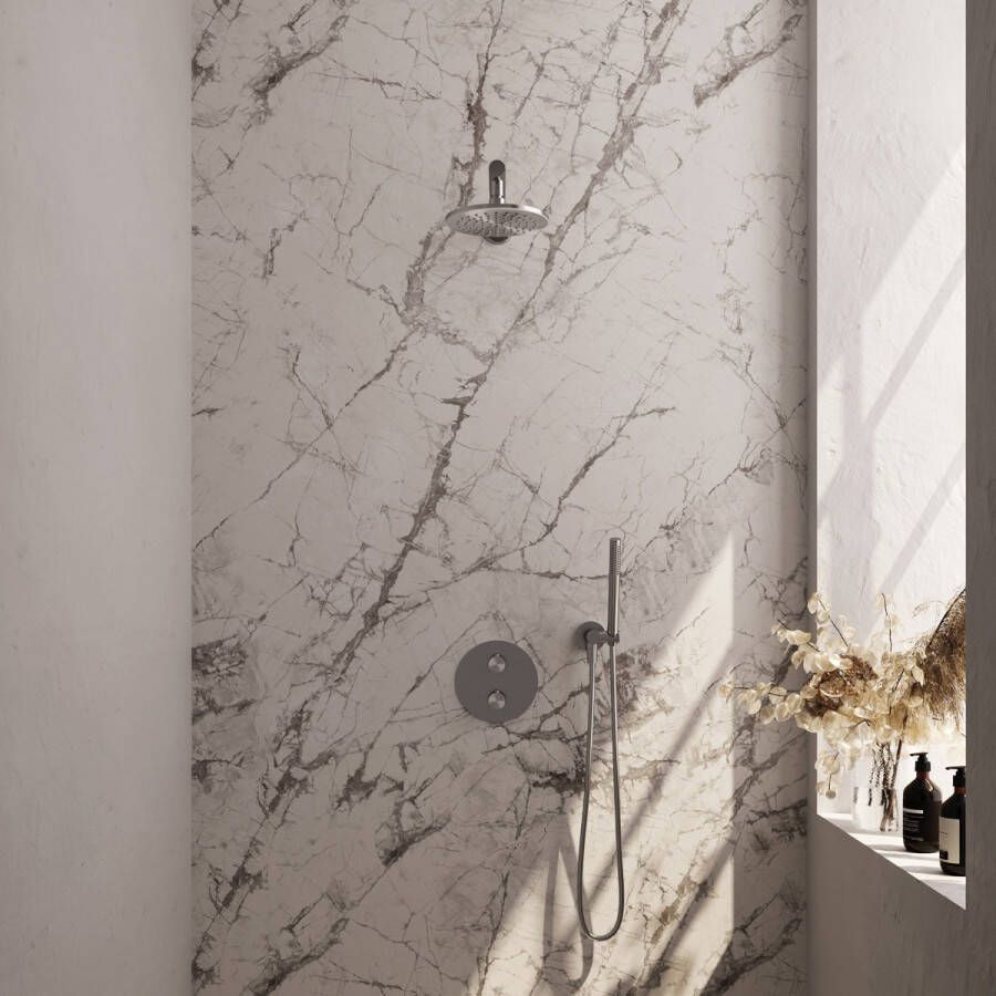 Brauer Brushed Edition thermostatische inbouw regendouche met staafhanddouche rechte muurarm en hoofddouche 20cm set 73 RVS geborsteld PVD