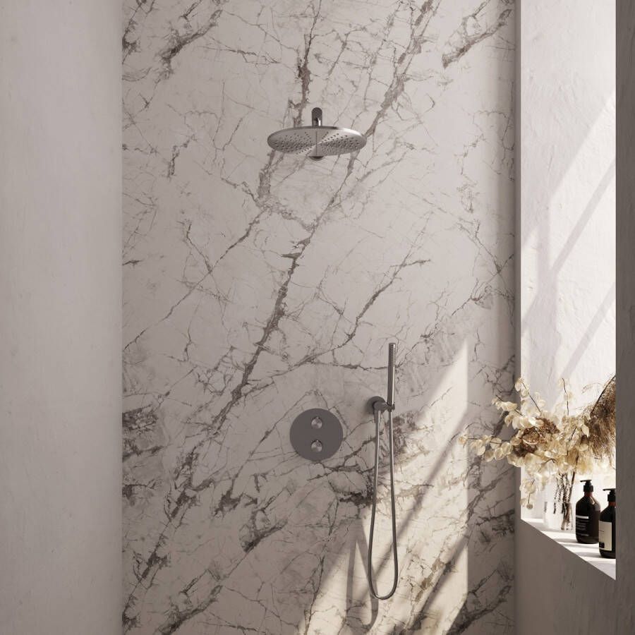 Brauer Brushed Edition thermostatische inbouw regendouche met staafhanddouche rechte muurarm en hoofddouche 30cm set 74 RVS geborsteld PVD