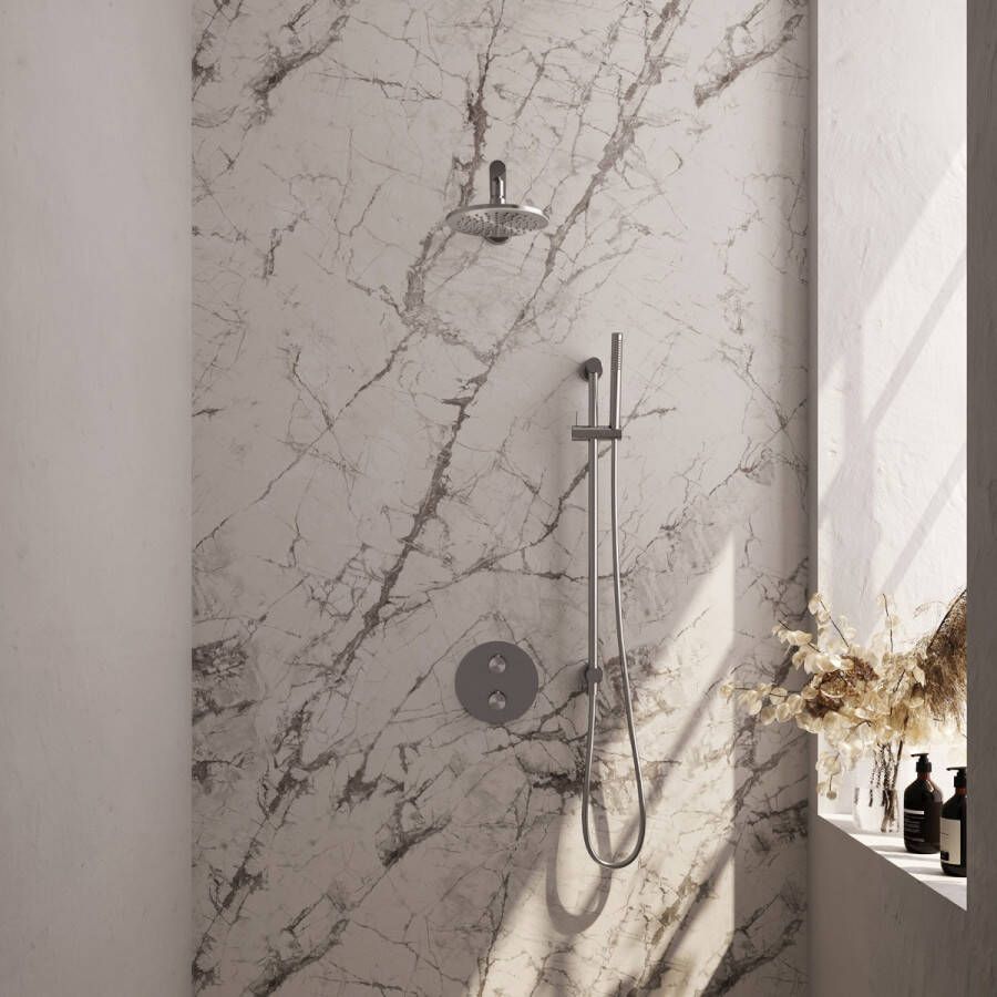 Brauer Brushed Edition thermostatische inbouw regendouche met staafhanddouche rechte muurarm glijstang en hoofddouche 20cm set 85 RVS geborsteld PVD