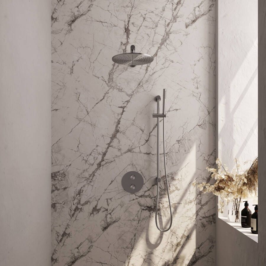 Brauer Brushed Edition thermostatische inbouw regendouche met staafhanddouche rechte muurarm glijstang en hoofddouche 30cm set 86 RVS geborsteld PVD