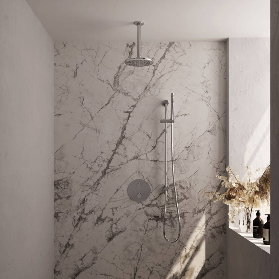 Brauer Chrome Carving thermostatische inbouw regendouche met staafhanddouche plafondarm glijstang en hoofddouche 20cm set 89 chroom