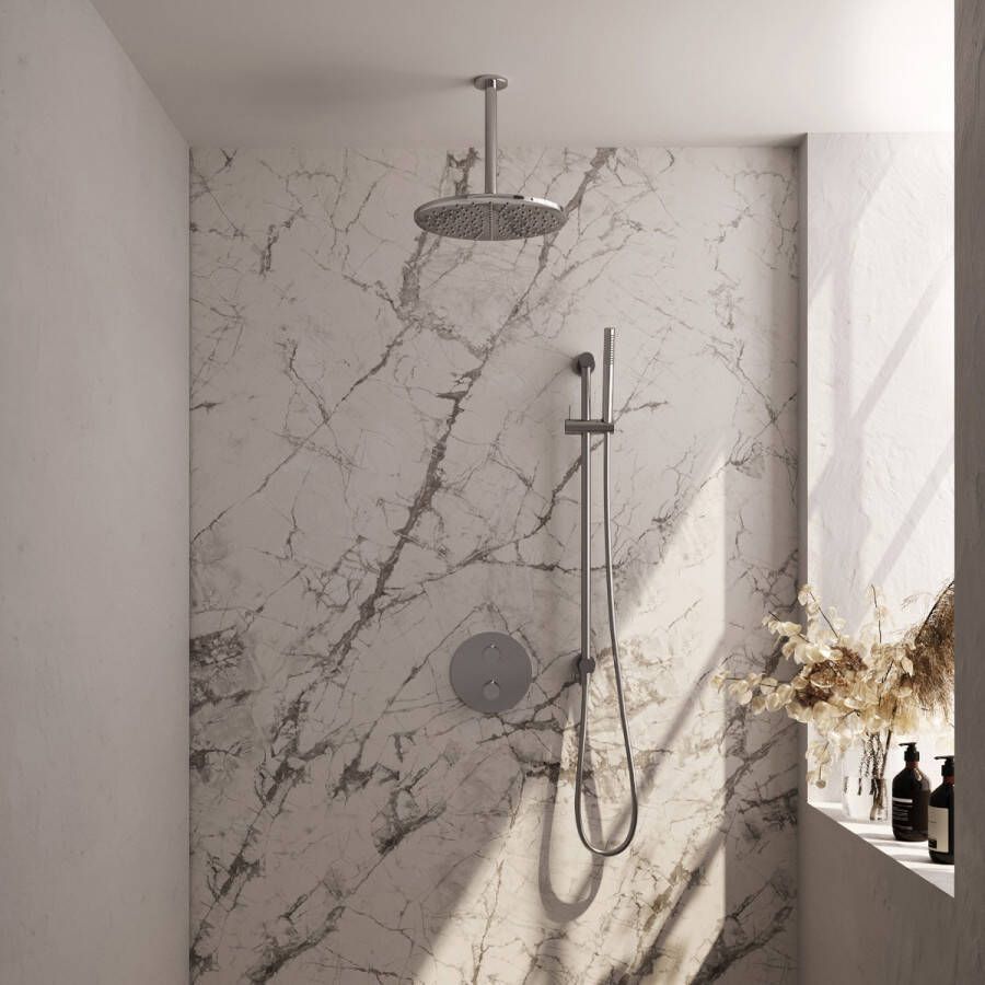 Brauer Chrome Carving thermostatische inbouw regendouche met staafhanddouche plafondarm glijstang en hoofddouche 30cm set 90 chroom