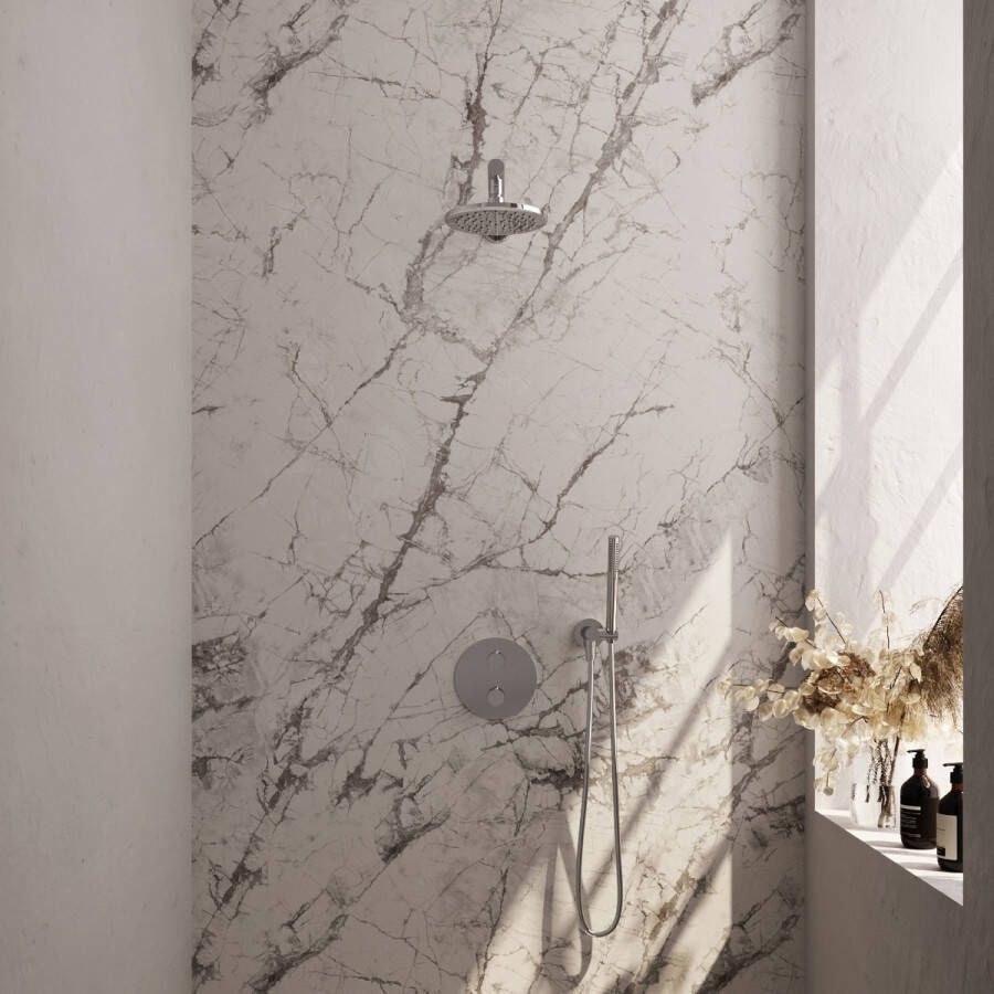 Brauer Chrome Carving thermostatische inbouw regendouche met staafhanddouche rechte muurarm en hoofddouche 20cm set 73 chroom