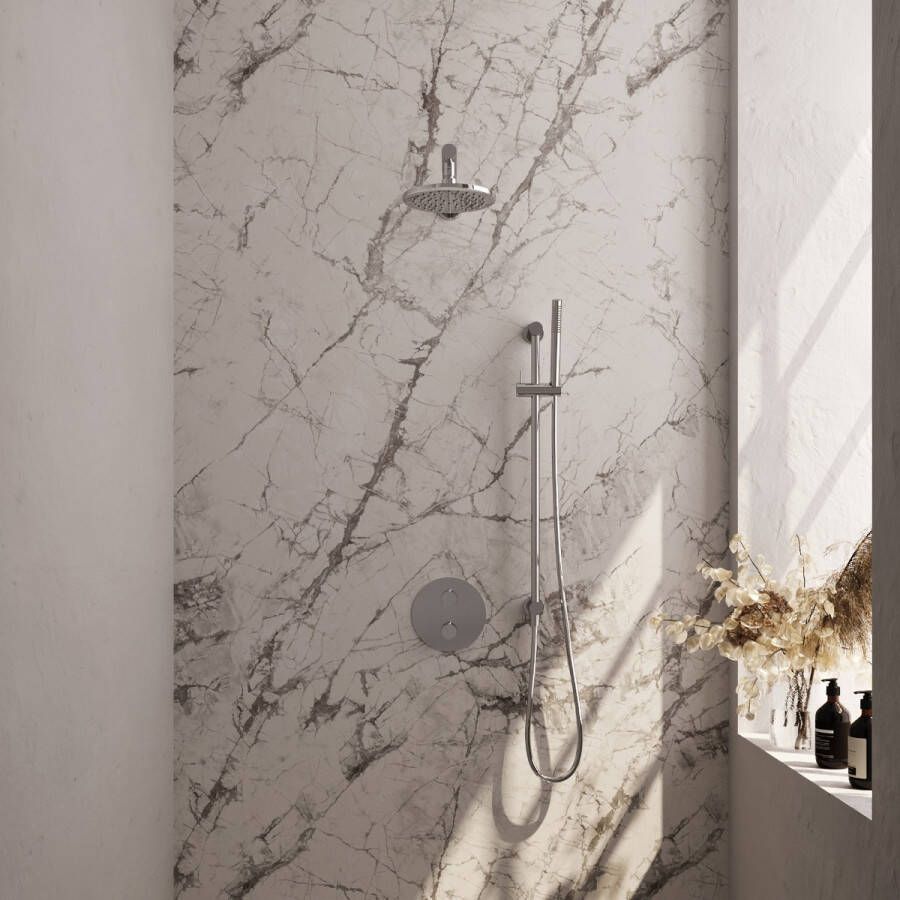 Brauer Chrome Carving thermostatische inbouw regendouche met staafhanddouche rechte muurarm glijstang en hoofddouche 20cm set 85 chroom