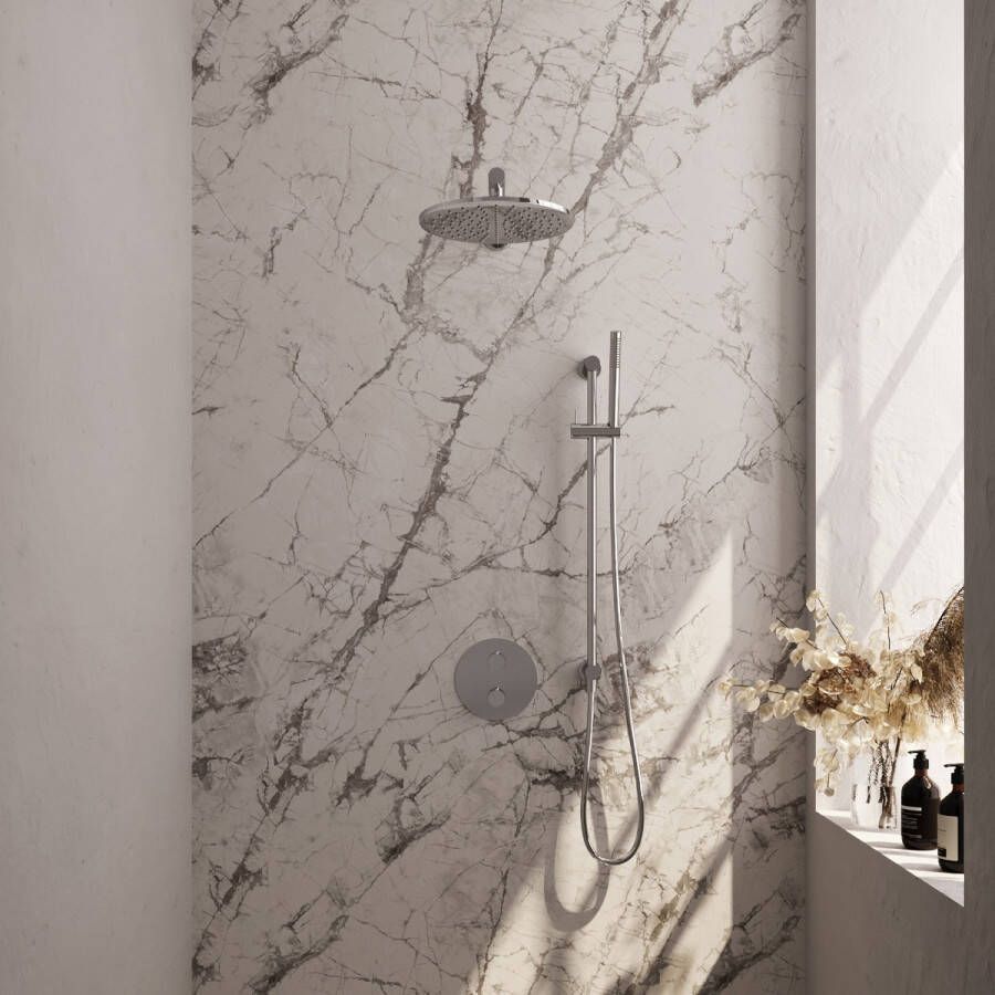 Brauer Chrome Carving thermostatische inbouw regendouche met staafhanddouche rechte muurarm glijstang en hoofddouche 30cm set 86 chroom