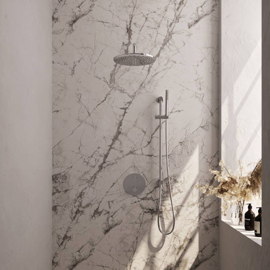 Brauer Chrome Edition thermostatische inbouw regendouche met staafhanddouche gebogen muurarm glijstang en hoofddouche 30cm set 88 chroom