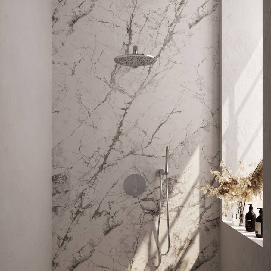 Brauer Chrome Edition thermostatische inbouw regendouche met staafhanddouche rechte muurarm en hoofddouche 30cm set 74 chroom