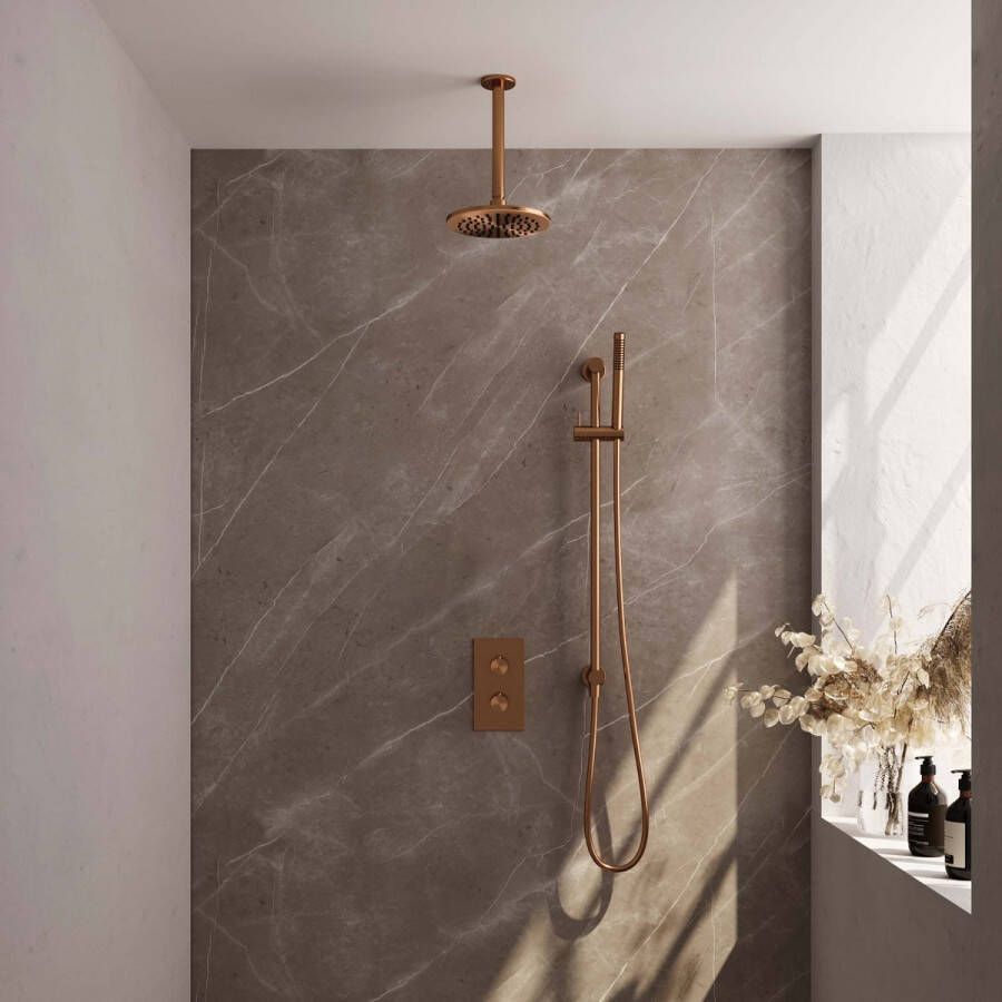 Brauer Copper Edition Regendoucheset inbouw hoofddouche 20cm Wandarm glijstang met inbouwdeel Gladde knoppen handdouche Rond 3 standen PVD geborsteld koper 5-GK-080 - Foto 2