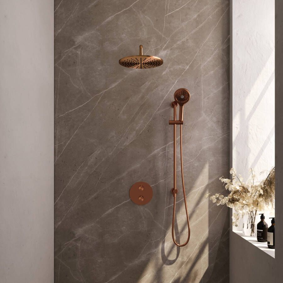 Brauer Copper Edition thermostatische inbouw regendouche met 3 standen handdouche gebogen muurarm glijstang en hoofddouche 30cm set 94 koper geborsteld PVD