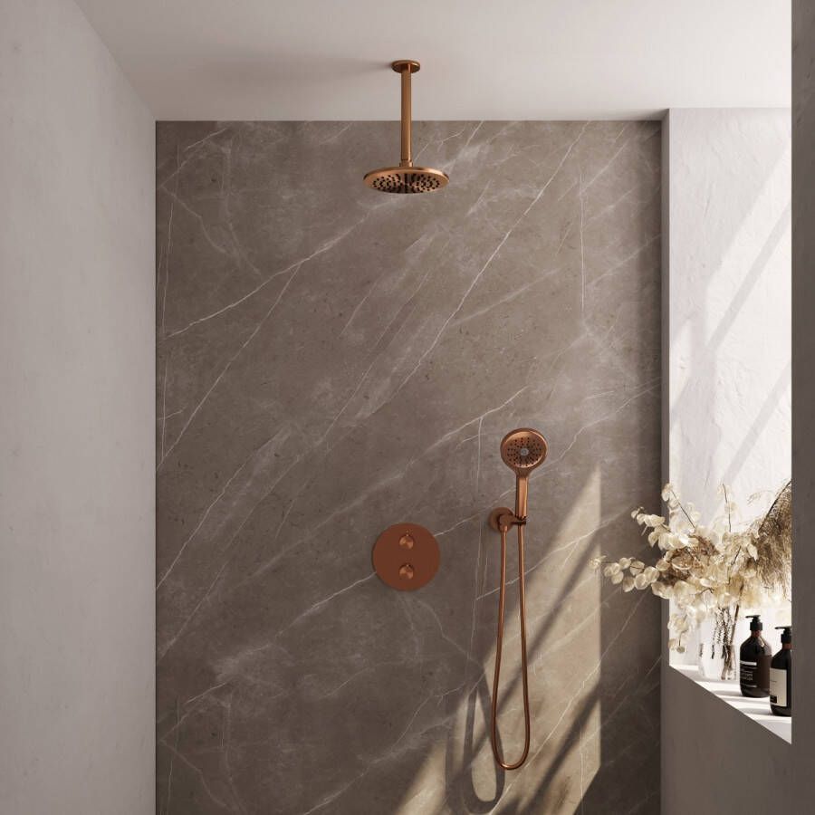 Brauer Copper Edition thermostatische inbouw regendouche met 3 standen handdouche plafondarm en hoofddouche 20cm set 83 koper geborsteld PVD