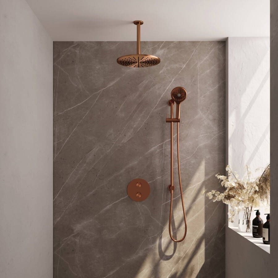 Brauer Copper Edition thermostatische inbouw regendouche met 3 standen handdouche plafondarm glijstang en hoofddouche 30cm set 96 koper geborsteld PVD
