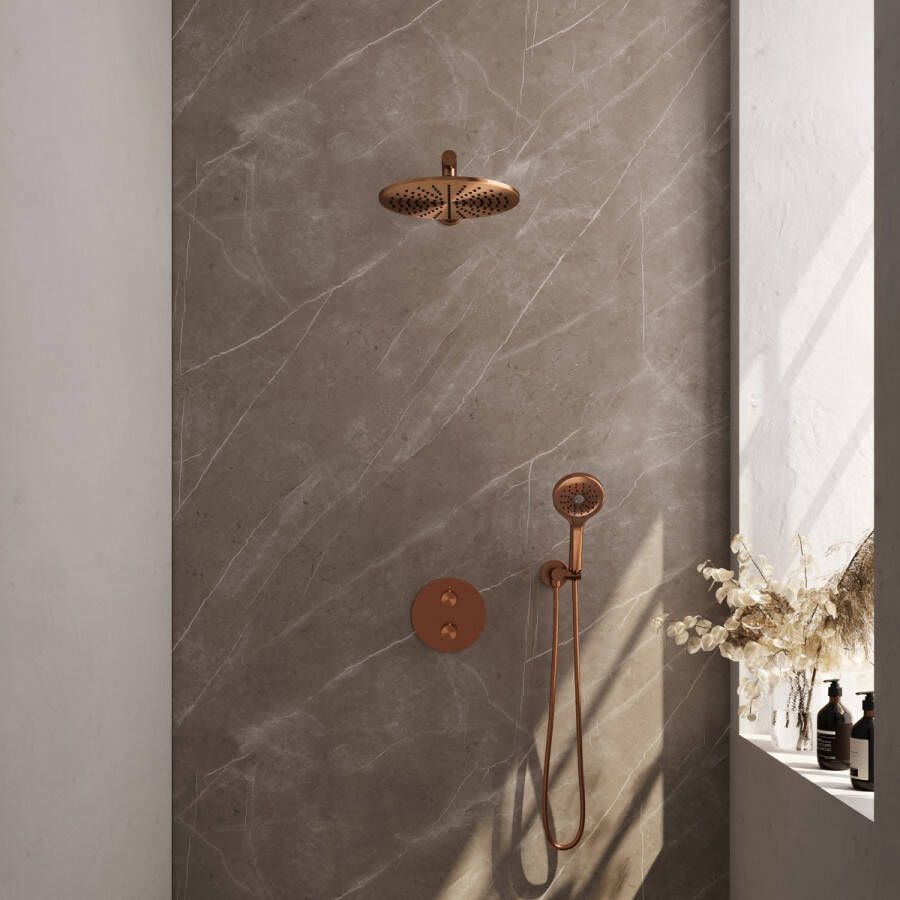 Brauer Copper Edition thermostatische inbouw regendouche met 3 standen handdouche rechte muurarm en hoofddouche 30cm set 80 koper geborsteld PVD
