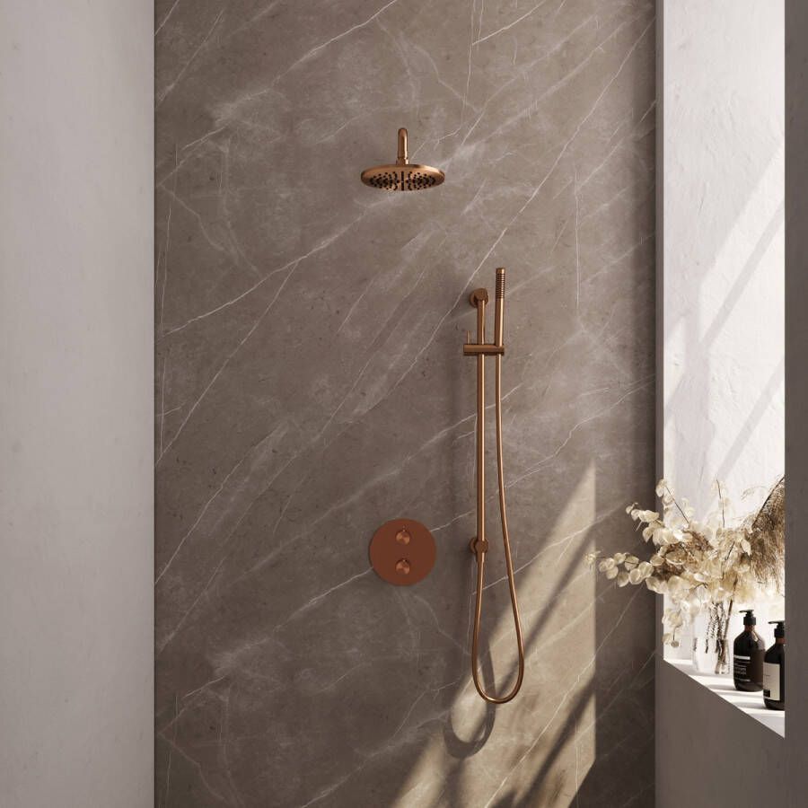 Brauer Copper Edition thermostatische inbouw regendouche met staafhanddouche gebogen muurarm glijstang en hoofddouche 20cm set 87 koper geborsteld PVD