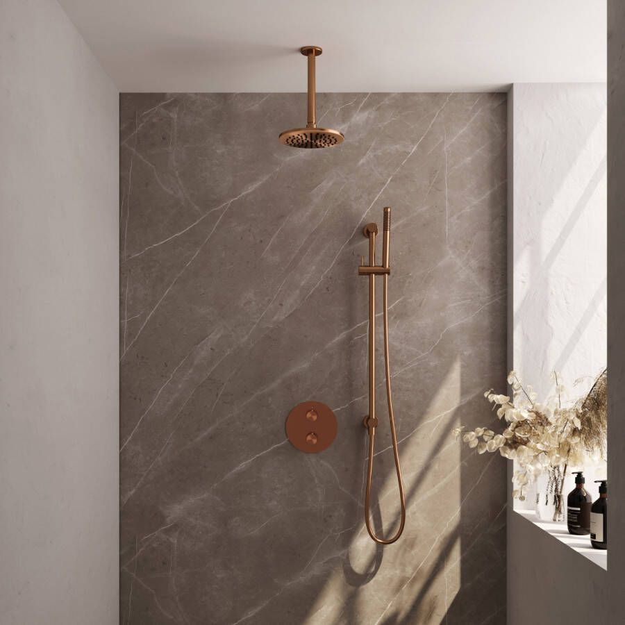 Brauer Copper Edition thermostatische inbouw regendouche met staafhanddouche plafondarm glijstang en hoofddouche 20cm set 89 koper geborsteld PVD