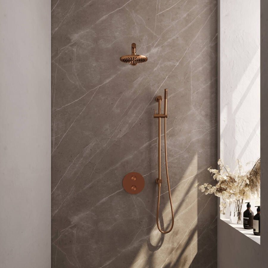 Brauer Copper Edition thermostatische inbouw regendouche met staafhanddouche rechte muurarm glijstang en hoofddouche 20cm set 85 koper geborsteld PVD