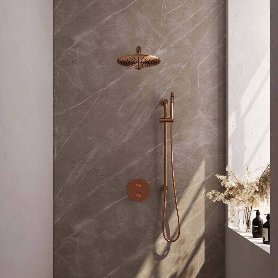 Brauer Copper Edition thermostatische inbouw regendouche met staafhanddouche rechte muurarm glijstang en hoofddouche 30cm set 86 koper geborsteld PVD