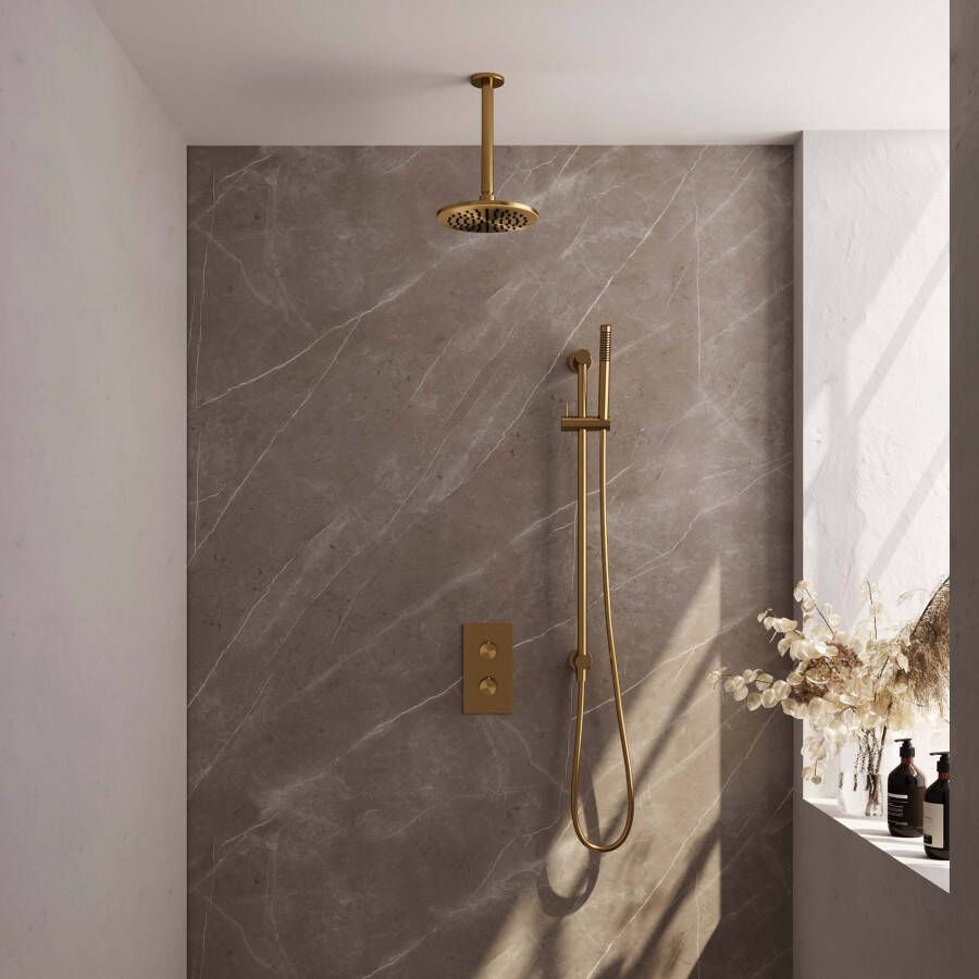 Brauer Gold Carving thermostatische inbouw regendouche 3-weg omstelling SET 45 met 20 cm douchekop en gebogen muurarm en 3-standen handdouche en doucheslang en geïntegreerde glijstang goud geborsteld PVD - Foto 3