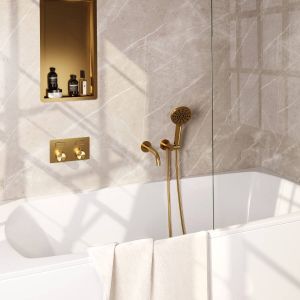 Brauer Gold Carving thermostatische inbouw badkraan met uitloop en 3 standen handdouche set 4 messing geborsteld PVD