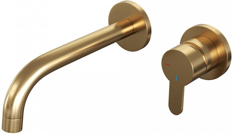 Brauer Inbouw Wastafelmengkraan Gold Edition Coldstart Gebogen Uitloop Korte Platte Hendel Rechts Geborsteld Goud PVD Met Rozetten