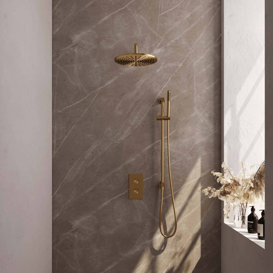 Brauer Gold Edition Thermostatische Inbouw Regendouche Set 24 30cm Douchekop met Plafondarm 3-Standen Handdouche Doucheslang Geïntegreerde Glijstang Goud Geborsteld PVD