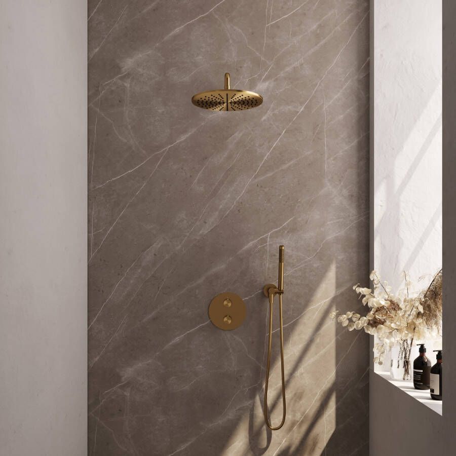 Brauer Gold Edition thermostatische inbouw regendouche met staafhanddouche gebogen muurarm en hoofddouche 30cm set 76 messing geborsteld PVD