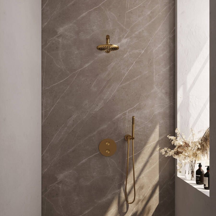 Brauer Gold Edition thermostatische inbouw regendouche met staafhanddouche rechte muurarm en hoofddouche 20cm set 73 messing geborsteld PVD