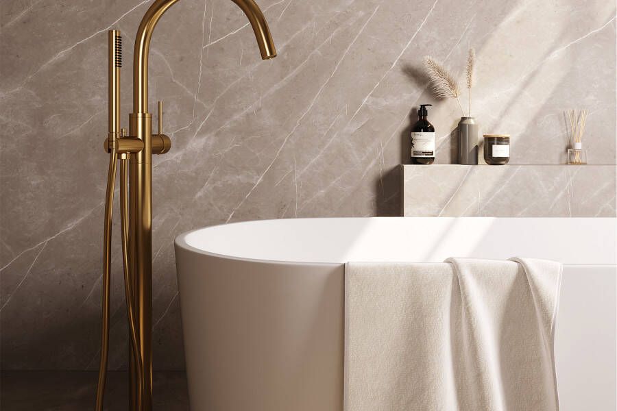 Brauer Gold Edition Staande Badkraan handdouche staaf 1 stand -2 gladde knoppen PVD geborsteld goud 5-GG-042-1 - Foto 2