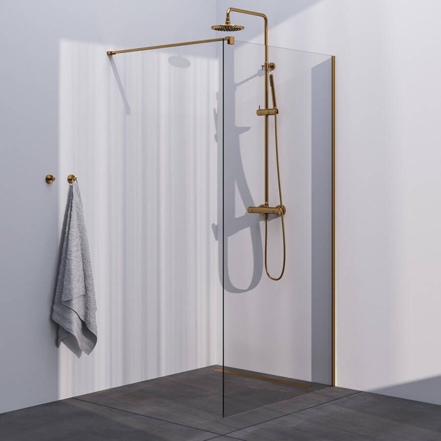 Brauer Gold Season inloopdouche helder glas 100x200 met muurprofiel goud geborsteld