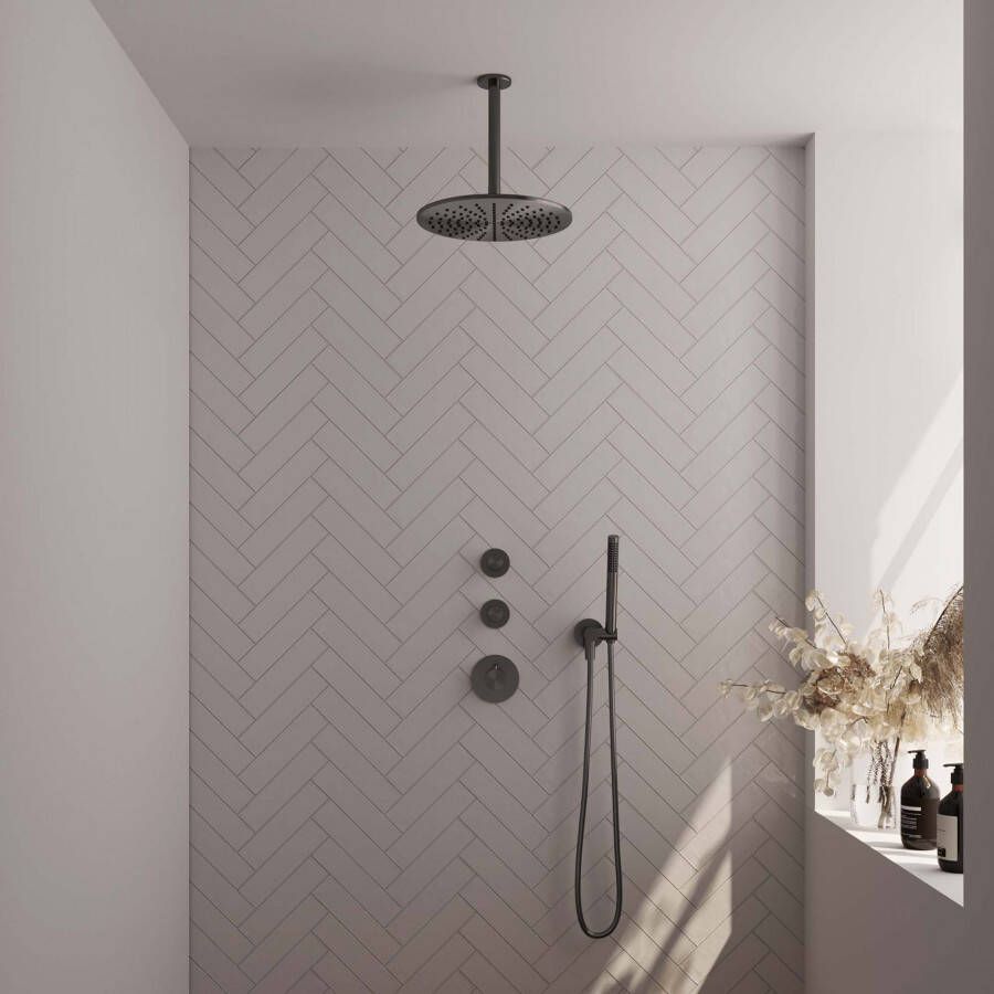 Brauer Gunmetal Carving thermostatische inbouw regendoucheset 20cm plafondarm met 20cm ronde hoofddouche 3 standen ronde handdouche 150cm gladde doucheslang met aansluitbocht en handdouchehouder Gunmetal geborsteld PVD 5-GM-107 - Foto 2