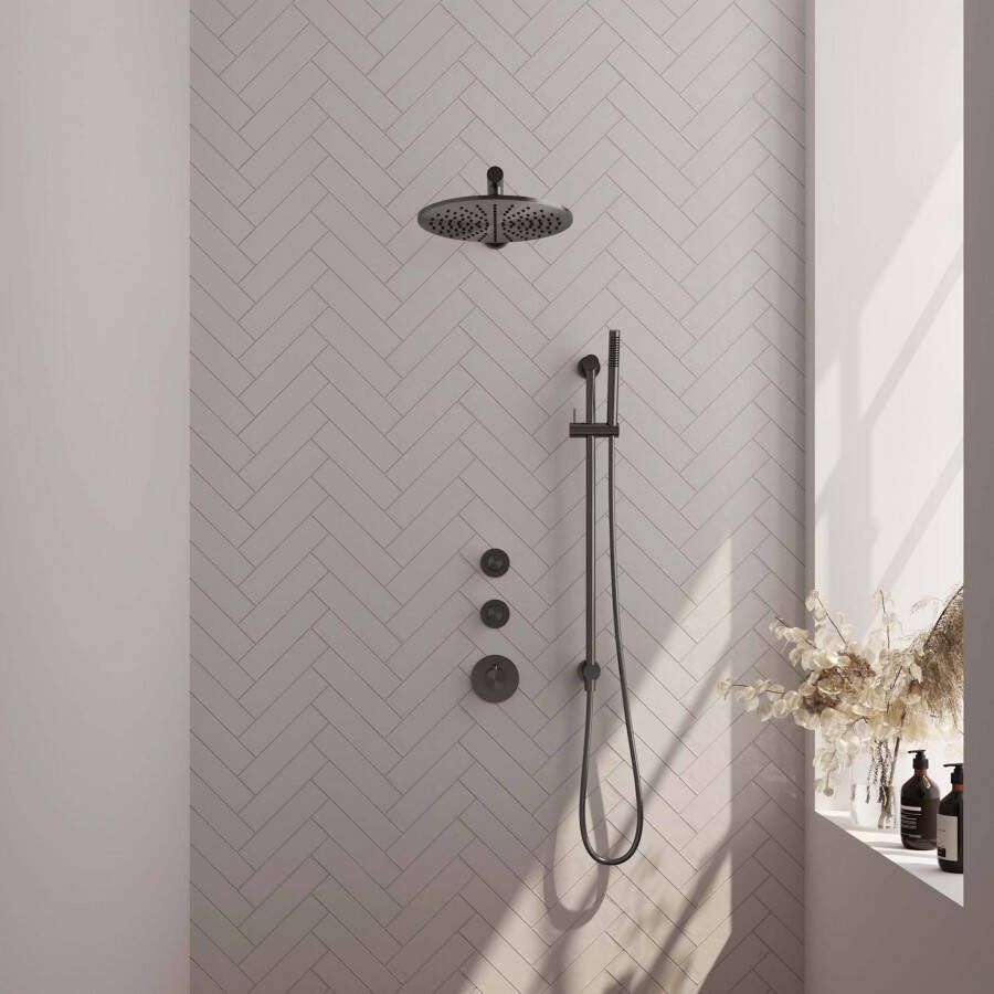 Brauer Gunmetal Carving thermostatische inbouw regendoucheset 20cm plafondarm met 20cm ronde hoofddouche 3 standen ronde handdouche 150cm gladde doucheslang met aansluitbocht en handdouchehouder Gunmetal geborsteld PVD 5-GM-107 - Foto 3