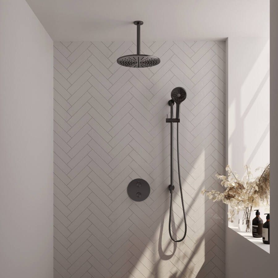 Brauer Gunmetal Carving thermostatische inbouw regendouche met 3 standen handdouche plafondarm glijstang en hoofddouche 30cm set 96 gunmetal geborsteld PVD