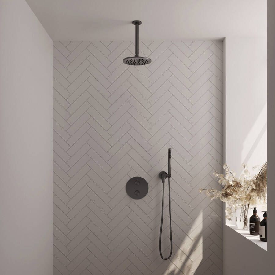 Brauer Gunmetal Carving thermostatische inbouw regendouche met staafhanddouche plafondarm en hoofddouche 20cm set 77 gunmetal geborsteld PVD