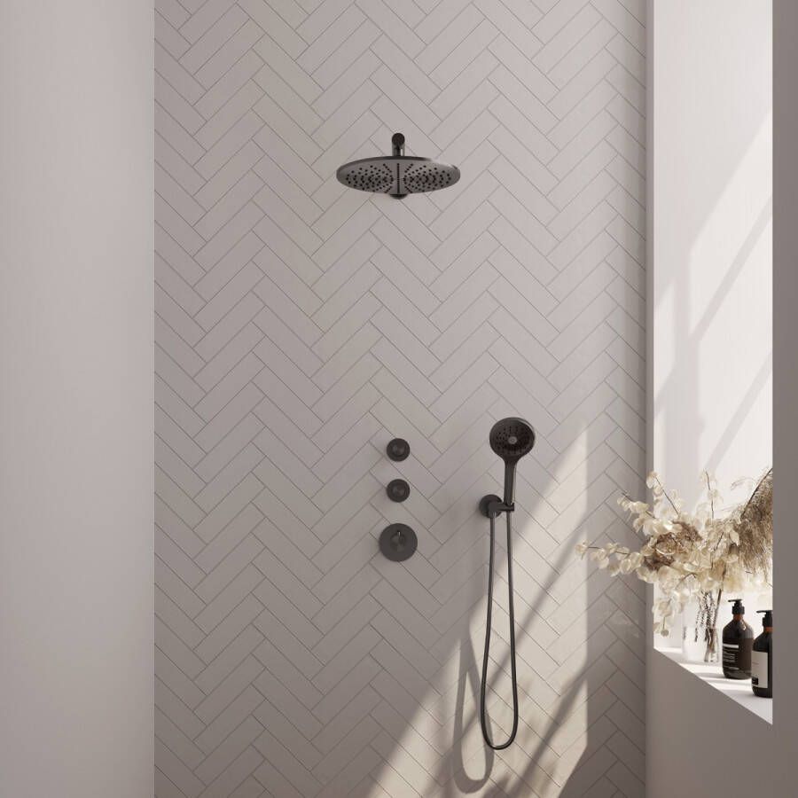 Brauer Gunmetal Edition thermostatische inbouw regendoucheset met 2-weg omstel 40cm gebogen wandarm met 20cm ronde hoofddouche 3 standen ronde handdouche 150cm gladde doucheslang met glijstang en handdouchehouder Gunmetal geborsteld PVD 5-GM-068 - Foto 2