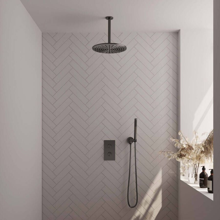 Brauer Gunmetal Edition thermostatische inbouw regendoucheset met 2-weg omstel 40cm gebogen wandarm met 20cm ronde hoofddouche 3 standen ronde handdouche 150cm gladde doucheslang met glijstang en handdouchehouder Gunmetal geborsteld PVD 5-GM-068 - Foto 5