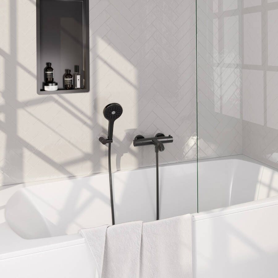Brauer Badkraan Gunmetal Edition Set 04 Thermostatisch Opbouw Rond Geborsteld Gunmetal PVD 2 Greeps met Wandhouder en Handdouche 3 Standen