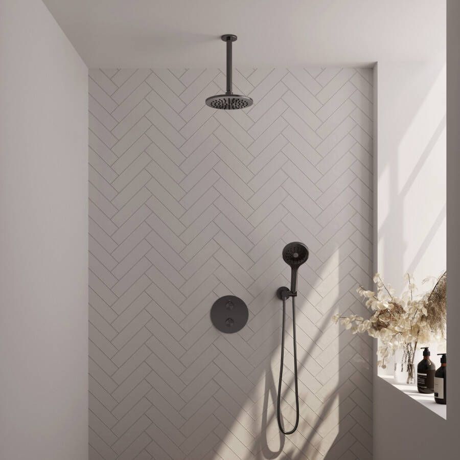 Brauer Gunmetal Edition thermostatische inbouw regendouche met 3 standen handdouche plafondarm en hoofddouche 20cm set 83 gunmetal geborsteld PVD