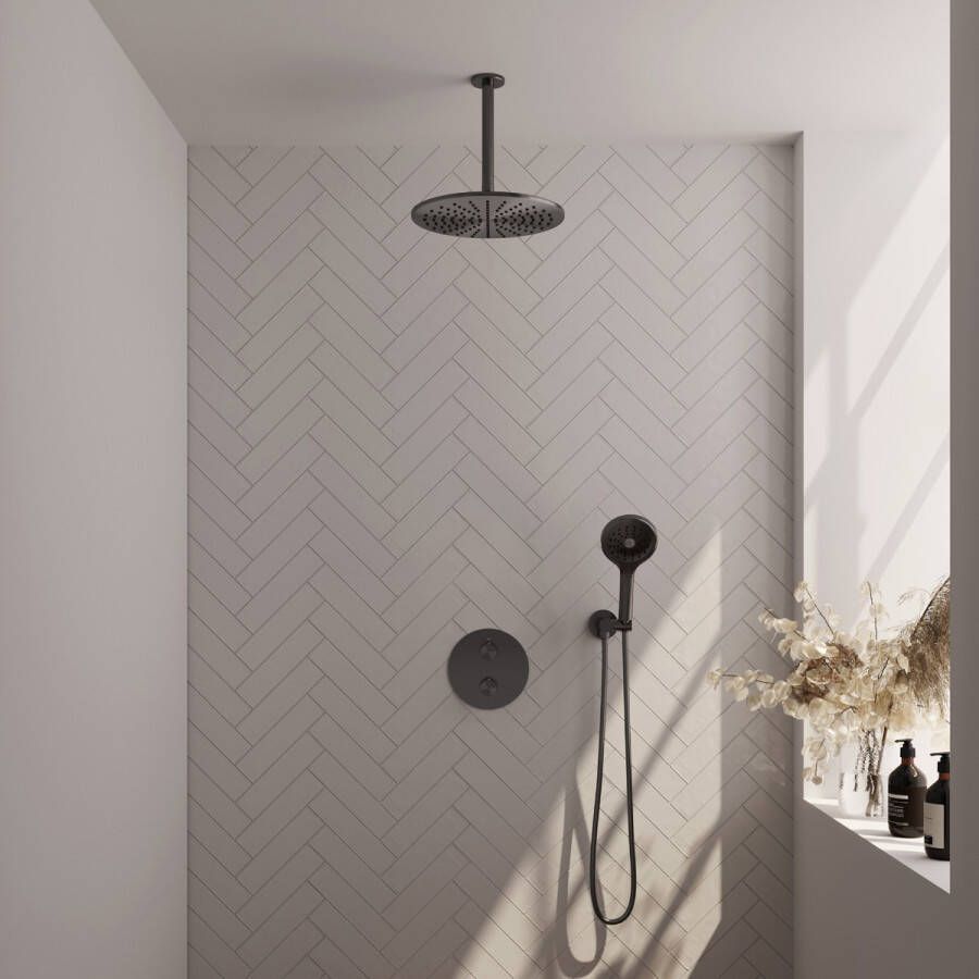 Brauer Gunmetal Edition thermostatische inbouw regendouche met 3 standen handdouche plafondarm en hoofddouche 30cm set 84 gunmetal geborsteld PVD