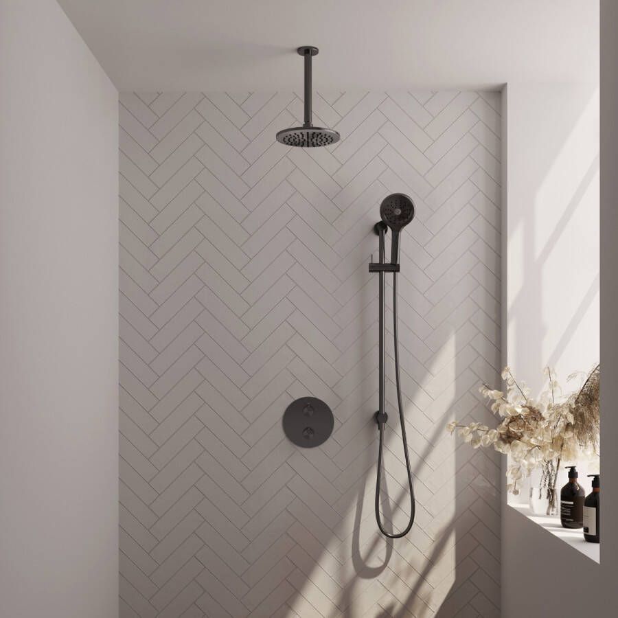Brauer Gunmetal Edition thermostatische inbouw regendouche met 3 standen handdouche plafondarm glijstang en hoofddouche 20cm set 95 gunmetal geborsteld PVD
