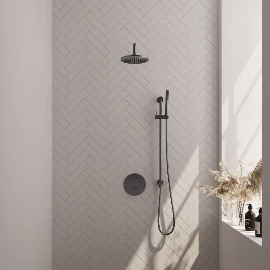 Brauer Gunmetal Edition thermostatische inbouw regendouche met staafhanddouche gebogen muurarm glijstang en hoofddouche 20cm set 87 gunmetal geborsteld PVD