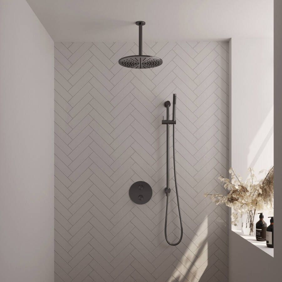 Brauer Gunmetal Edition thermostatische inbouw regendouche met staafhanddouche plafondarm glijstang en hoofddouche 30cm set 90 gunmetal geborsteld PVD